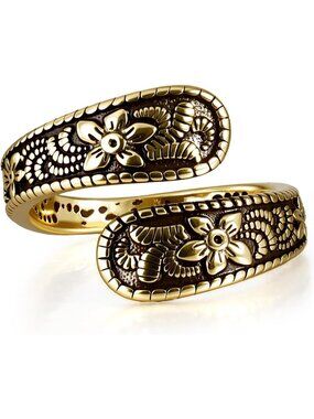 Women's Gold Plated Silver Spoon Carving Design Adjustable Ring Stainless Steel